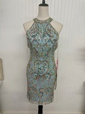 Primavera Couture Powder Blue Beaded Halter Mini Dress